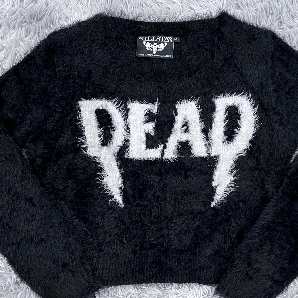 KILLSTAR Black Fuzzy DEAD Graphic‎ Knit Cropped Sweater Goth Grunge Witchy XL